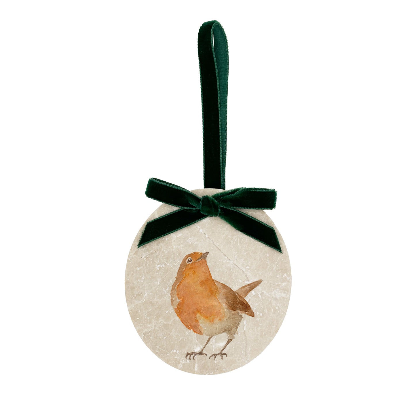 An oval marble bauble featuring a watercolour robin, with the option to add personalised text and a Santa hat. The bauble is finished with a velvet ribbon.