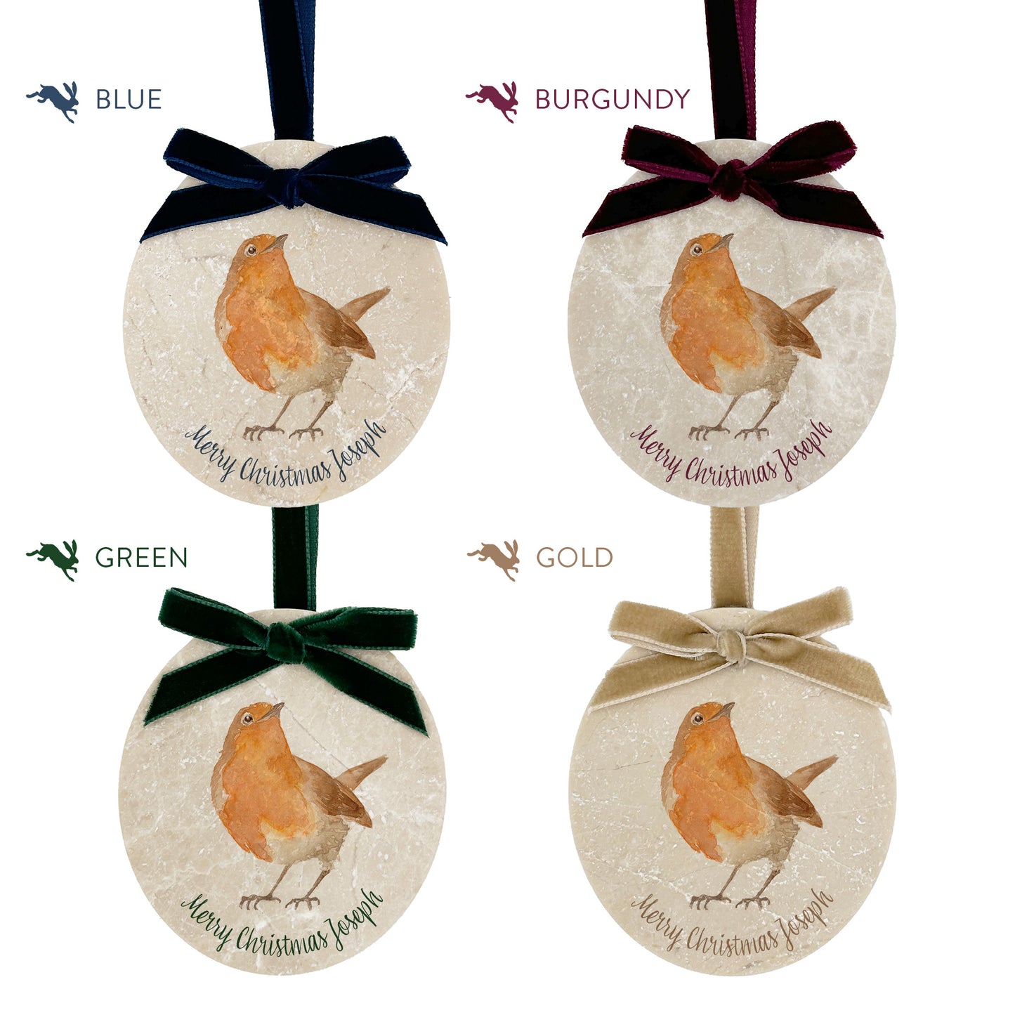 Four personalised oval shaped marble baubles showing a selection of velvet ribbon colour options. Choose from navy blue, burgundy red, forest green and champagne gold.