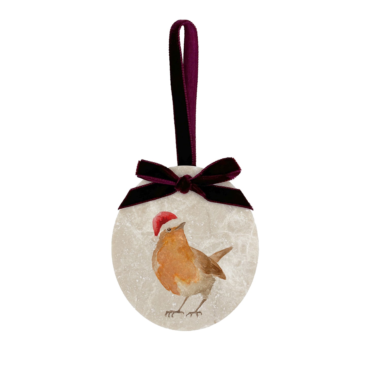 An oval marble bauble featuring a watercolour robin, with the option to add personalised text and a Santa hat. The bauble is finished with a velvet ribbon.