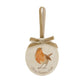 An oval marble bauble featuring a watercolour robin, personalised with your choice of text to create a Christmas decoration unique to you! The bauble is finished with a velvet ribbon.
