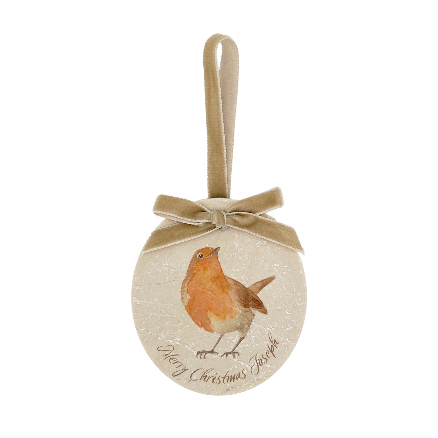 An oval marble bauble featuring a watercolour robin, personalised with your choice of text to create a Christmas decoration unique to you! The bauble is finished with a velvet ribbon.