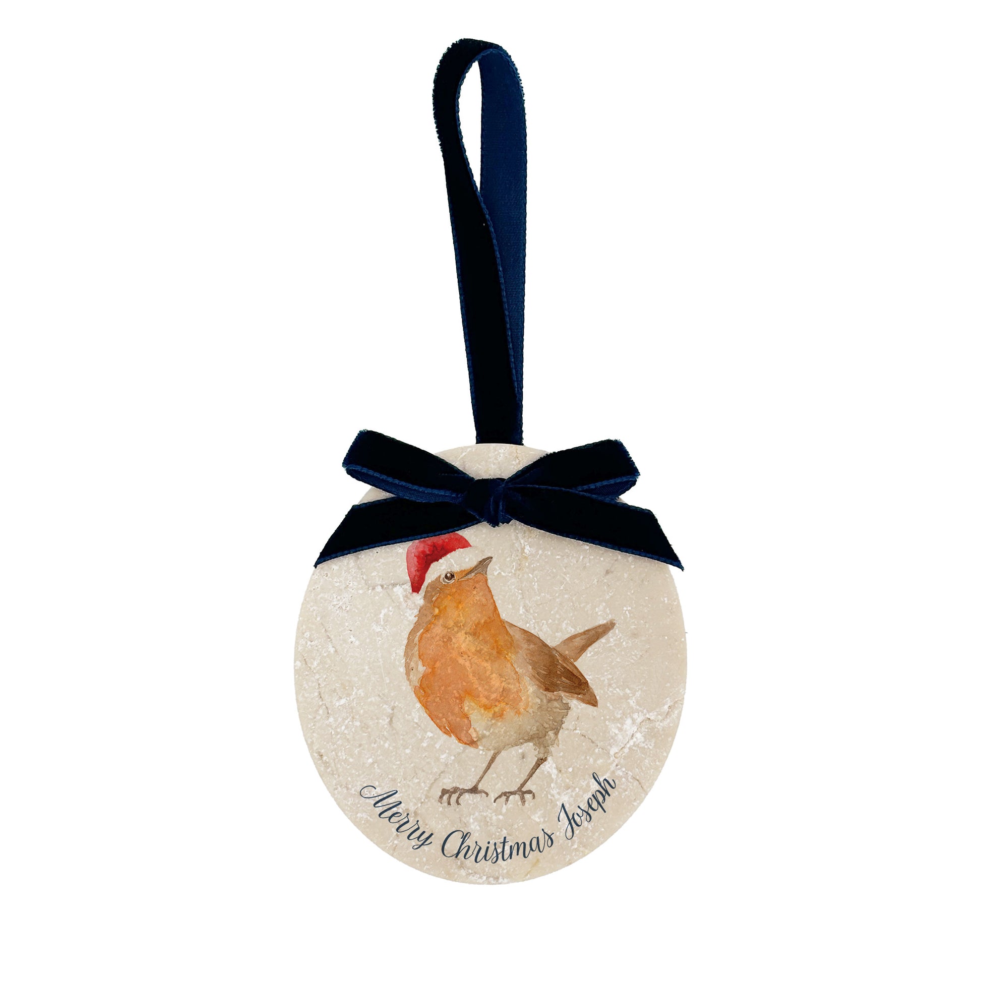 An oval marble bauble featuring a watercolour robin, personalised with your choice of text to create a Christmas decoration unique to you! The bauble is finished with a velvet ribbon.