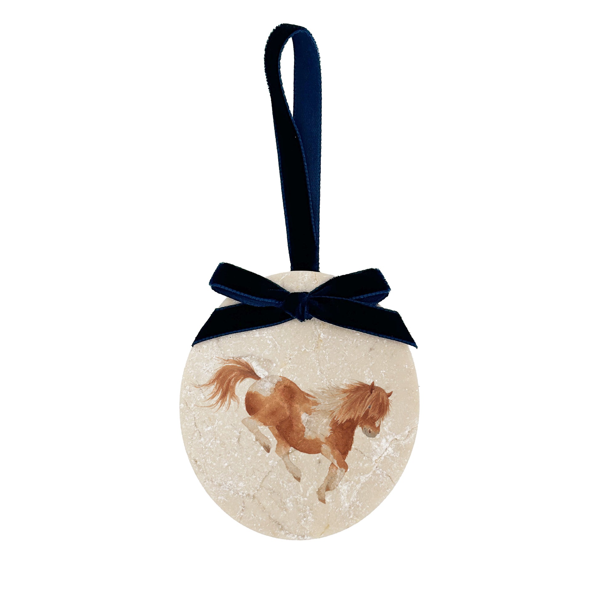 
An oval marble bauble featuring a watercolour Shetland pony, with the option to add personalised text and a Santa hat. The bauble is finished with a velvet ribbon.