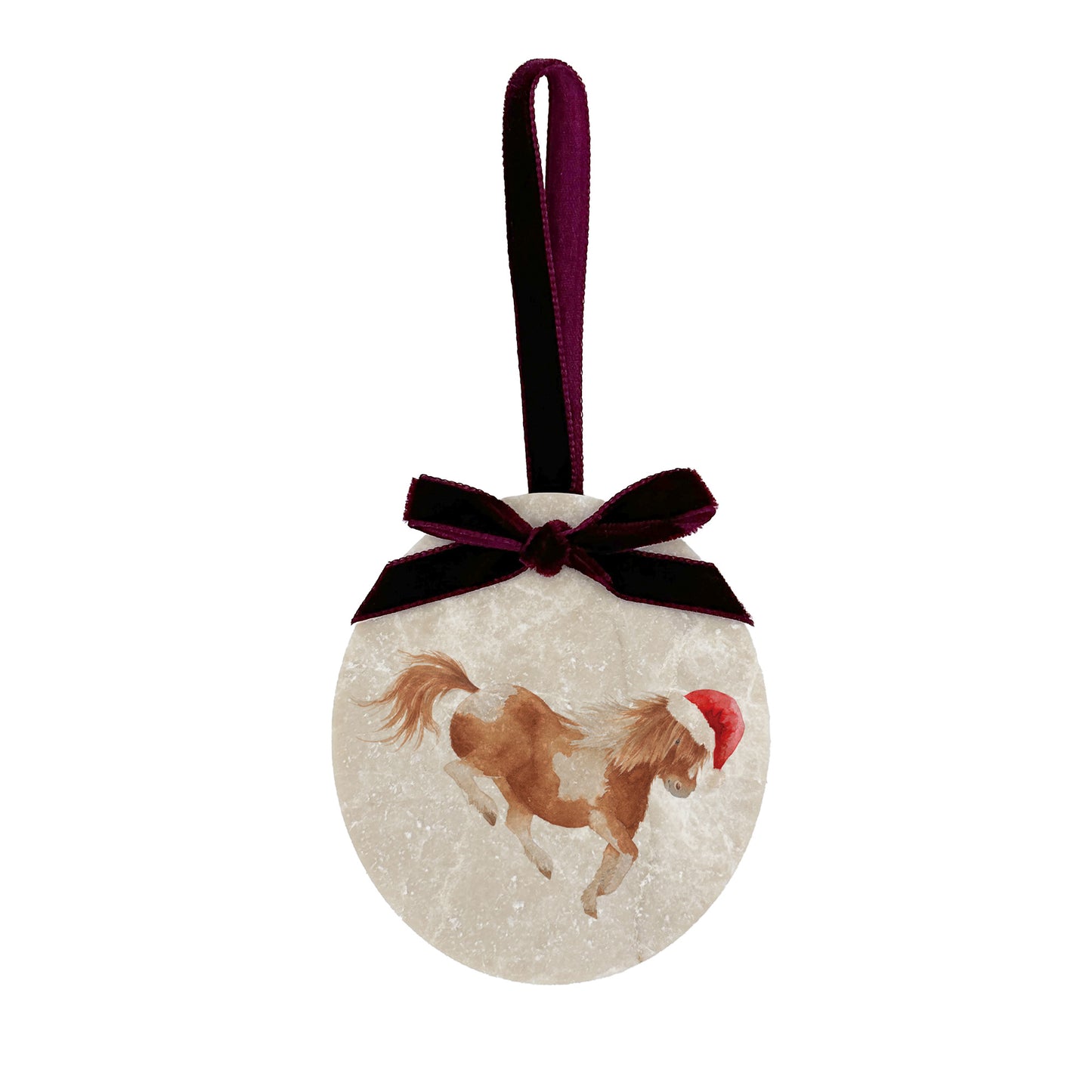 
An oval marble bauble featuring a watercolour Shetland pony, with the option to add personalised text and a Santa hat. The bauble is finished with a velvet ribbon.