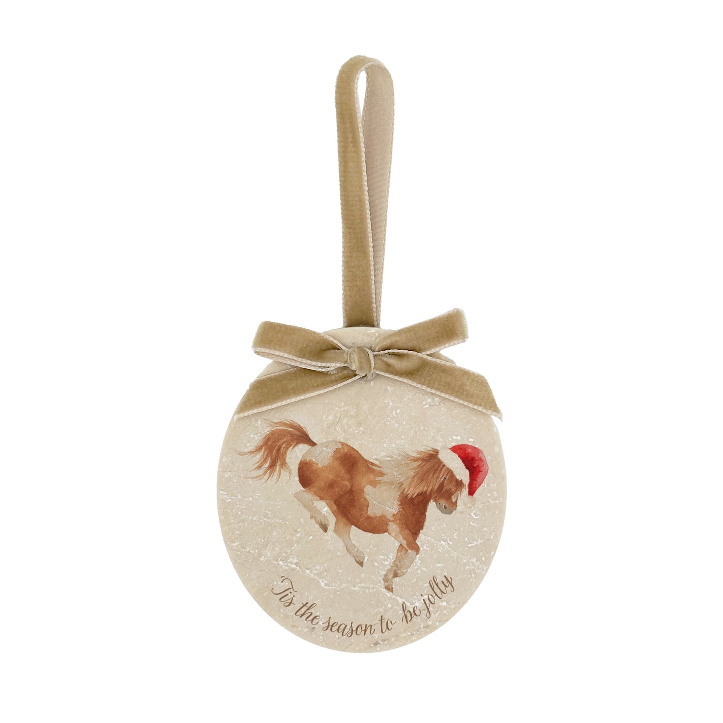 An oval marble bauble featuring a watercolour Shetland pony, personalised with your choice of text to create a Christmas decoration unique to you! The bauble is finished with a velvet ribbon.