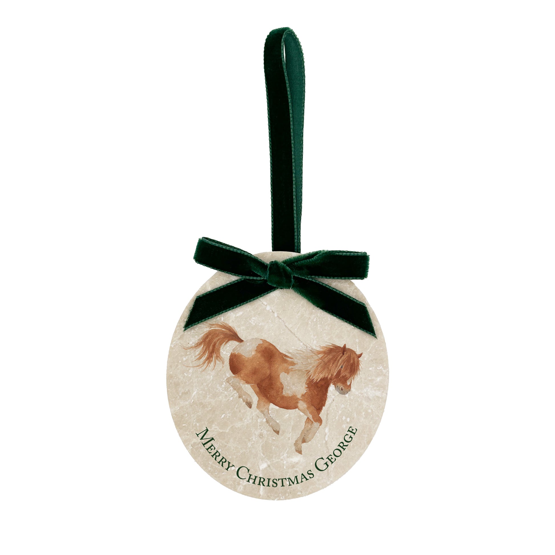 An oval marble bauble featuring a watercolour Shetland pony, personalised with your choice of text to create a Christmas decoration unique to you! The bauble is finished with a velvet ribbon.