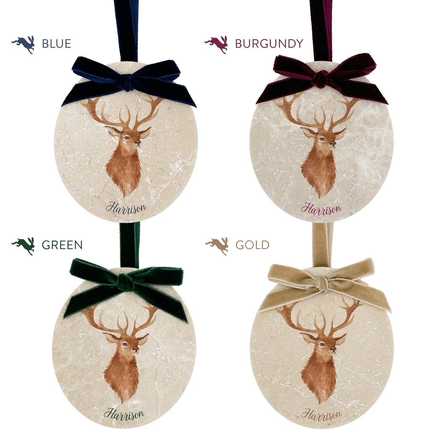 Four personalised oval shaped marble baubles showing a selection of velvet ribbon colour options. Choose from navy blue, burgundy red, forest green and champagne gold.