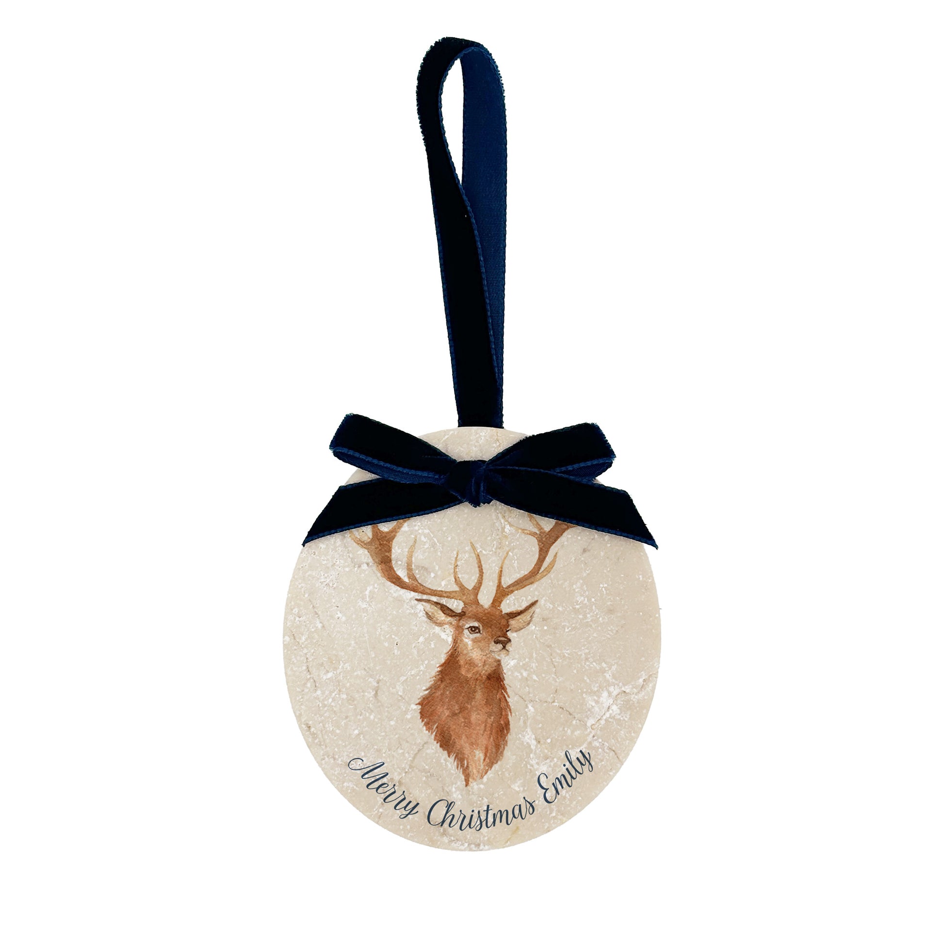 An oval marble bauble featuring a watercolour stag, personalised with your choice of text to create a Christmas decoration unique to you! The bauble is finished with a velvet ribbon.