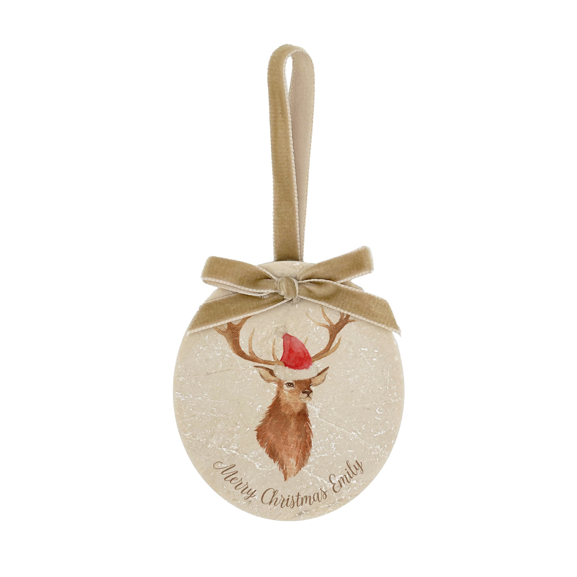An oval marble bauble featuring a watercolour stag, personalised with your choice of text to create a Christmas decoration unique to you! The bauble is finished with a velvet ribbon.