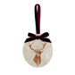 An oval marble bauble featuring a watercolour stag, with the option to add personalised text and a Santa hat. The bauble is finished with a velvet ribbon.