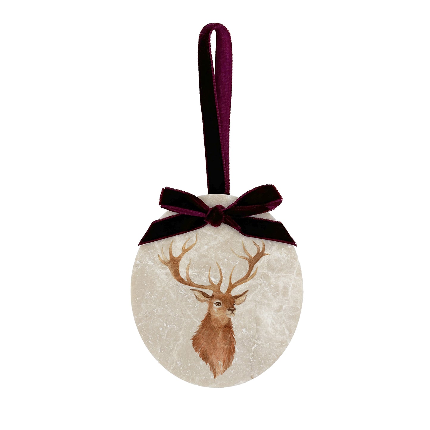 An oval marble bauble featuring a watercolour stag, with the option to add personalised text and a Santa hat. The bauble is finished with a velvet ribbon.