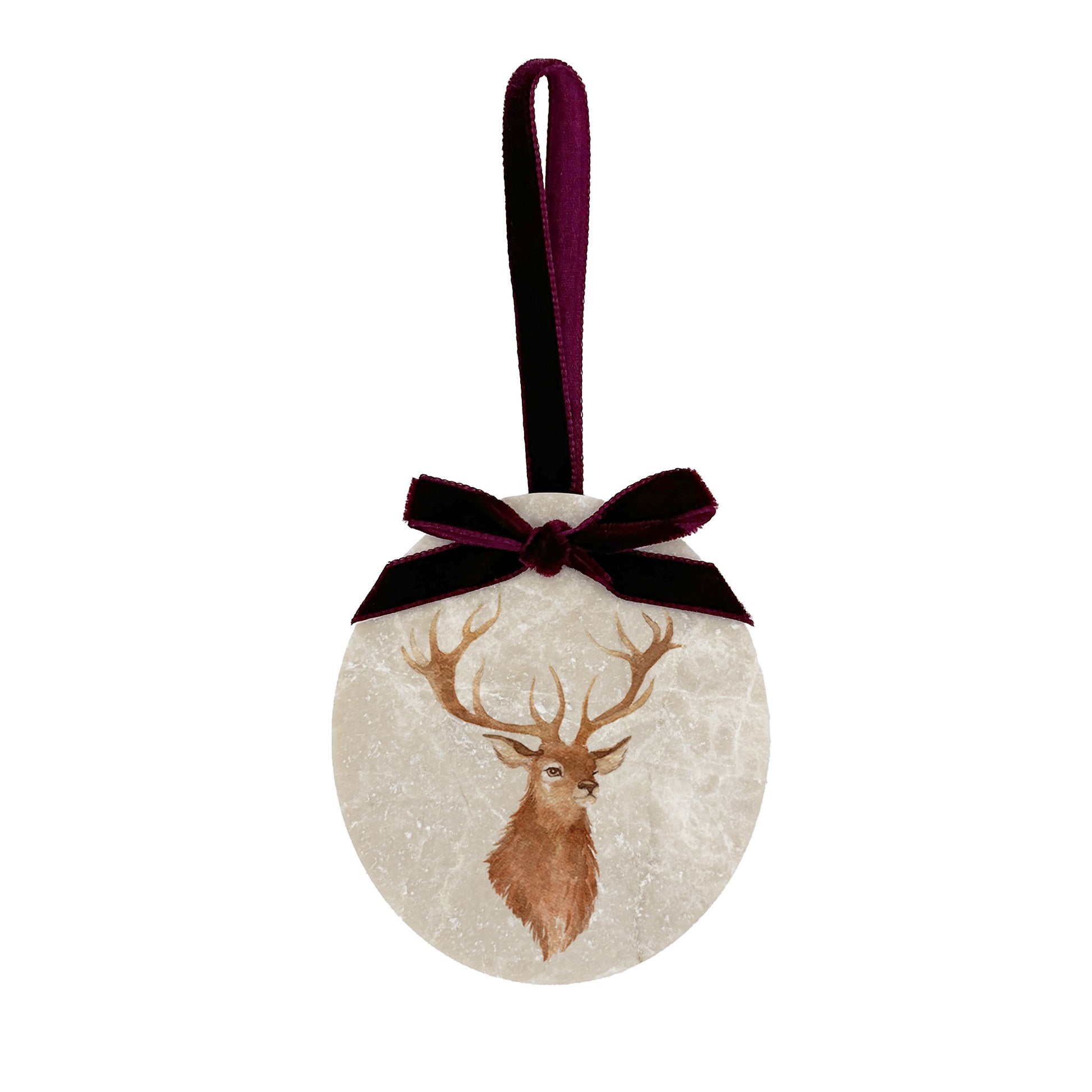 An oval marble bauble featuring a watercolour stag, with the option to add personalised text and a Santa hat. The bauble is finished with a velvet ribbon.