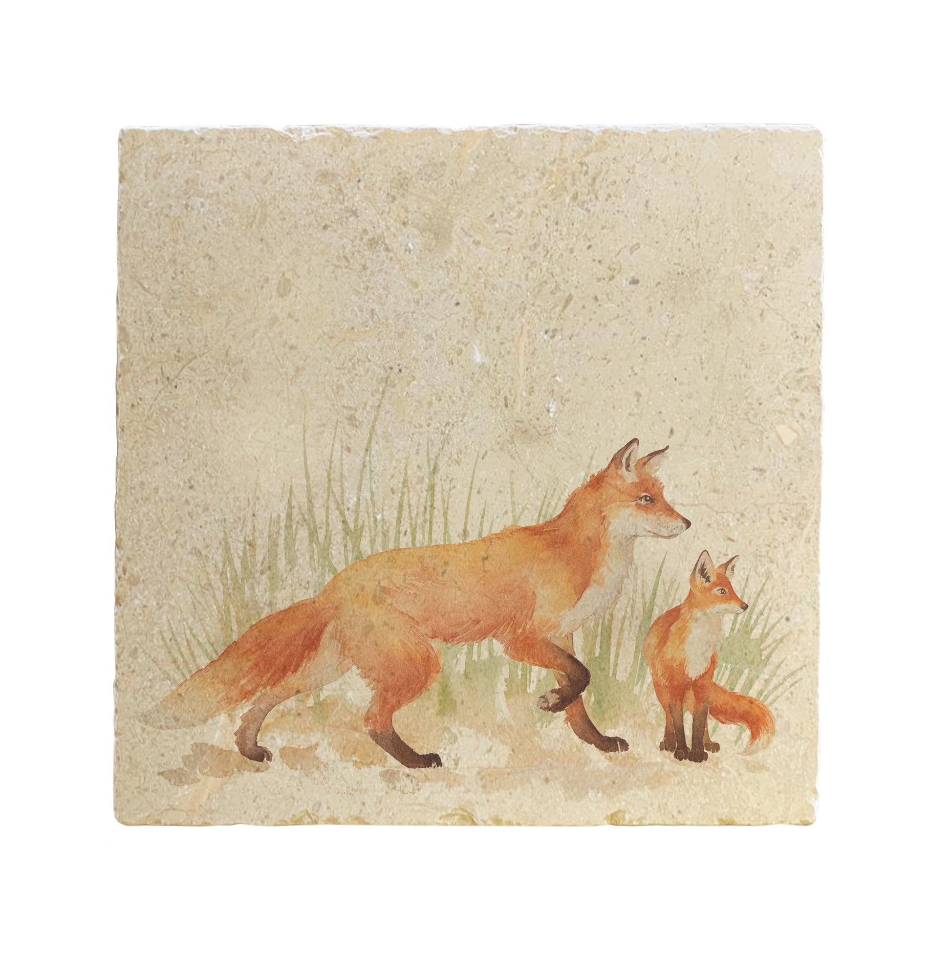 A square cream multipurpose marble platter, featuring a watercolour design of a fox and fox cub.