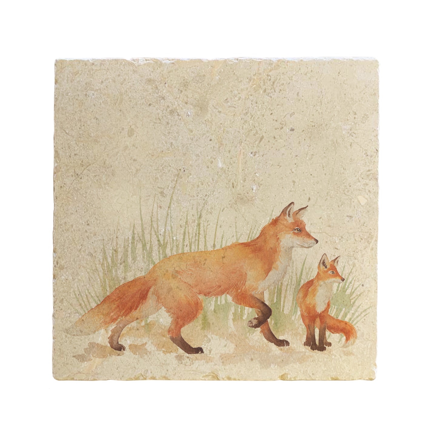 A square cream marble placemat featuring a watercolour countryside animal design of a fox and fox cub.