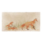 A rectangular cream marble sharing platter, featuring a watercolour design of a fox with two fox cubs playing in grass.