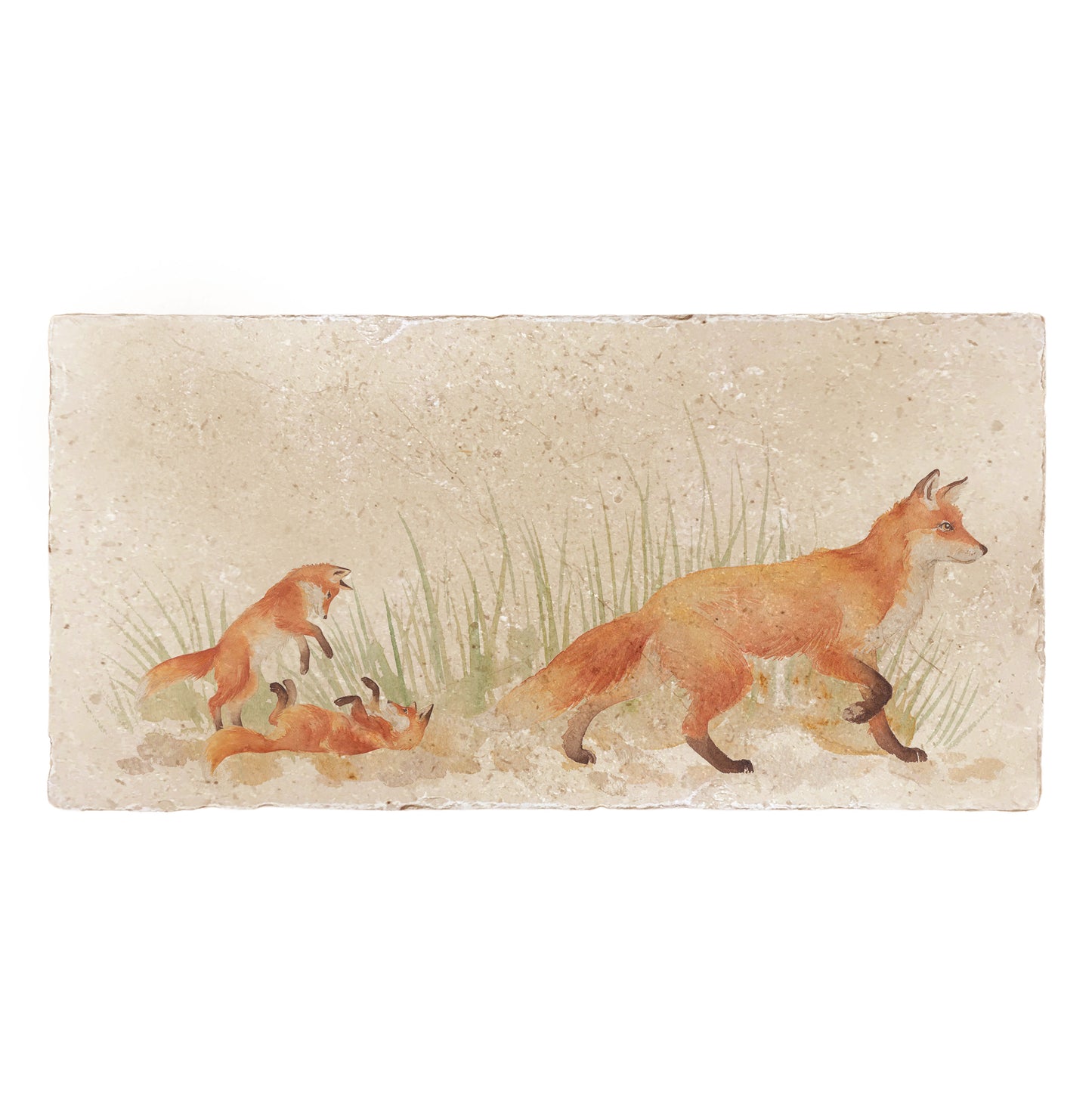 A rectangular cream marble sharing platter, featuring a watercolour design of a fox with two fox cubs playing in grass.