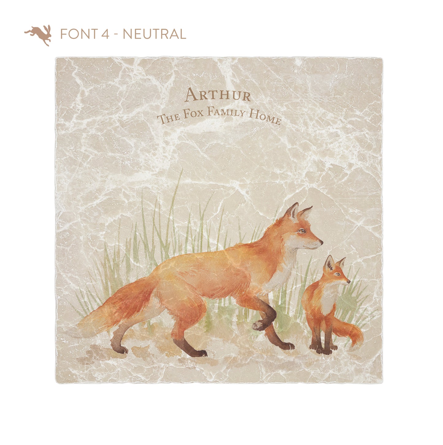 A large square personalised marble placemat with a fox and fox cub design. The placemat is personalised with a name and 'The Fox Family Home' at the top in a neutral colour classic serif font.