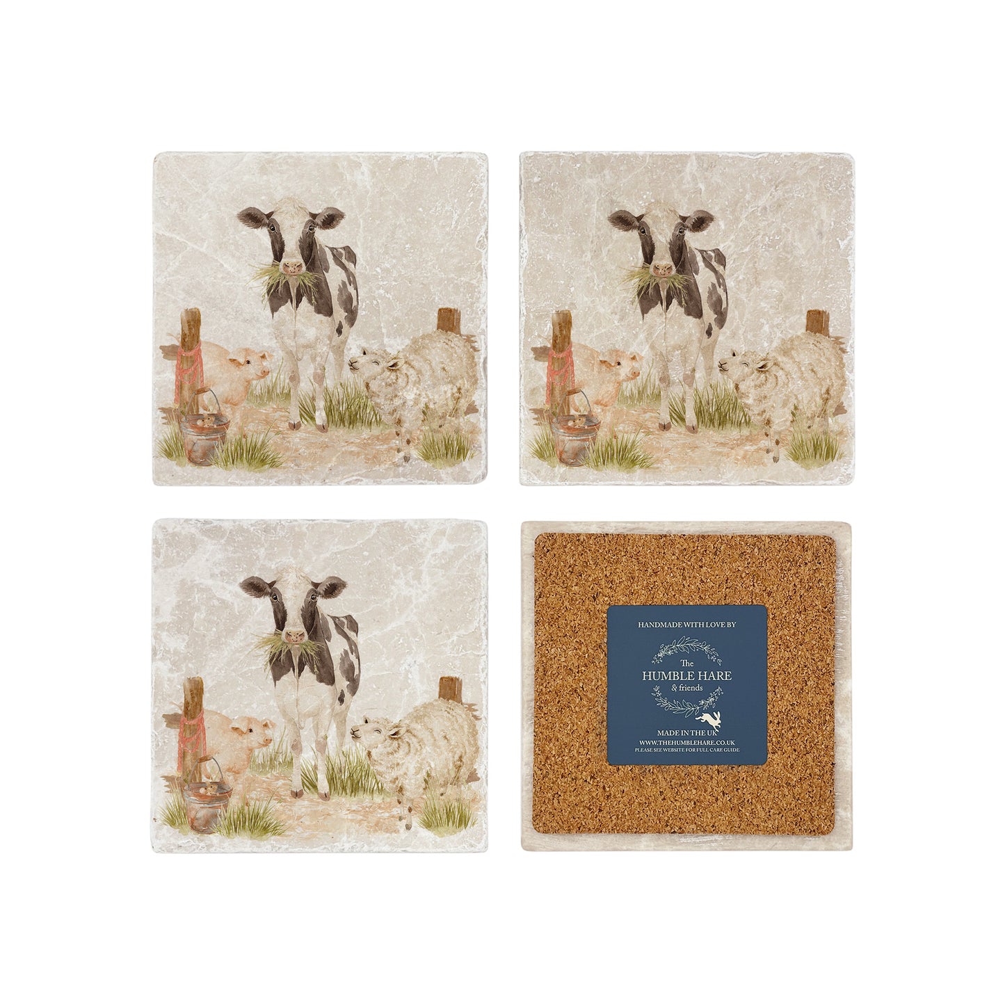 Marble Coasters featuring a dairy cow, sheep, piglet and mouse. In The Humble Hares classic watercolour design. 