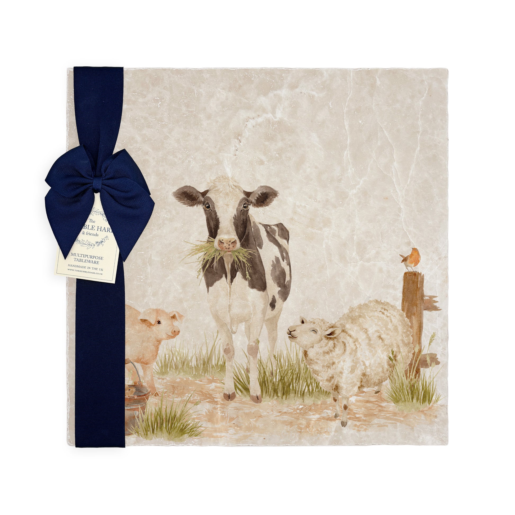 Marble Large Platter featuring a dairy cow, sheep, piglet and mouse. In The Humble Hares classic watercolour design. 