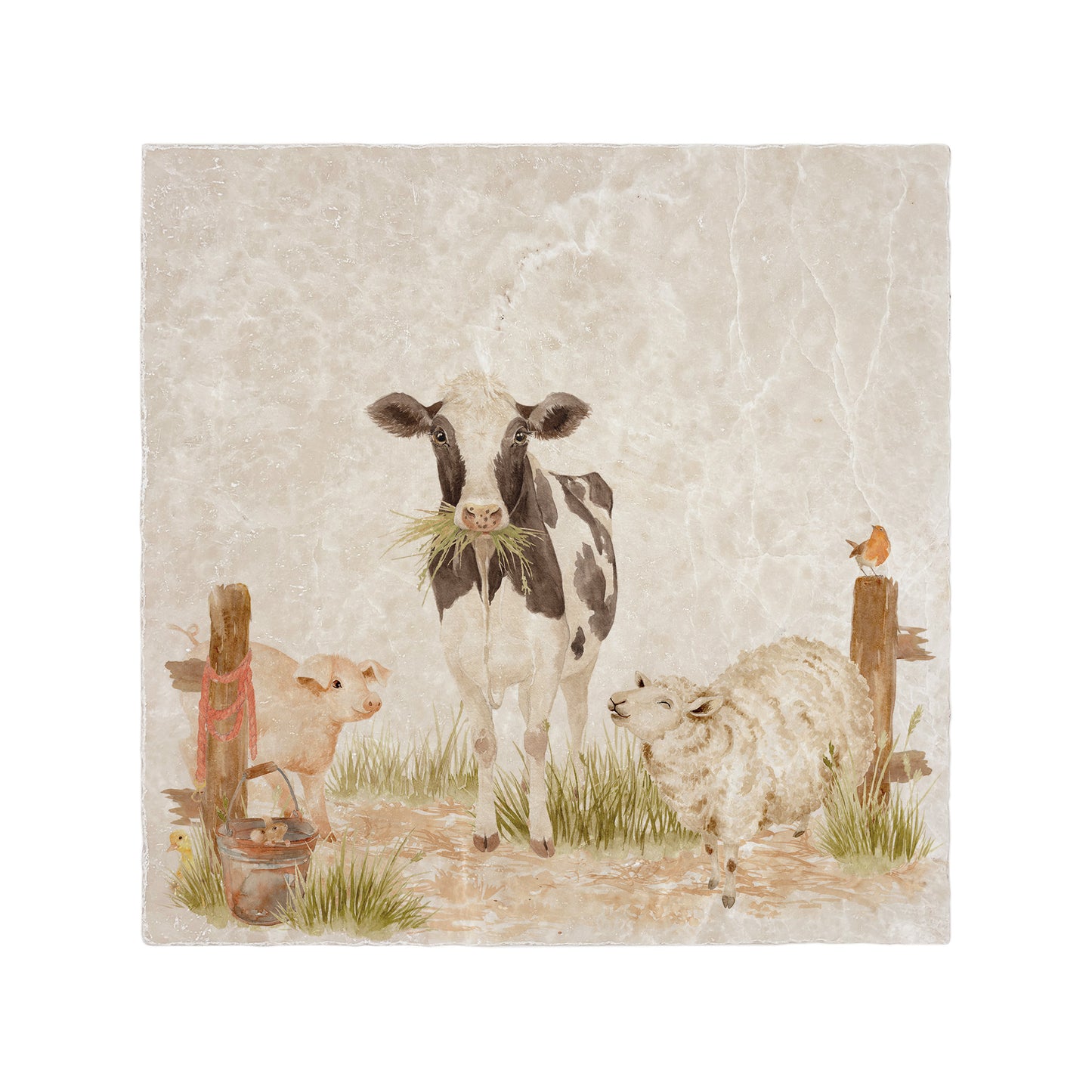 Marble Large Platter featuring a dairy cow, sheep, piglet and mouse. In The Humble Hares classic watercolour design. 