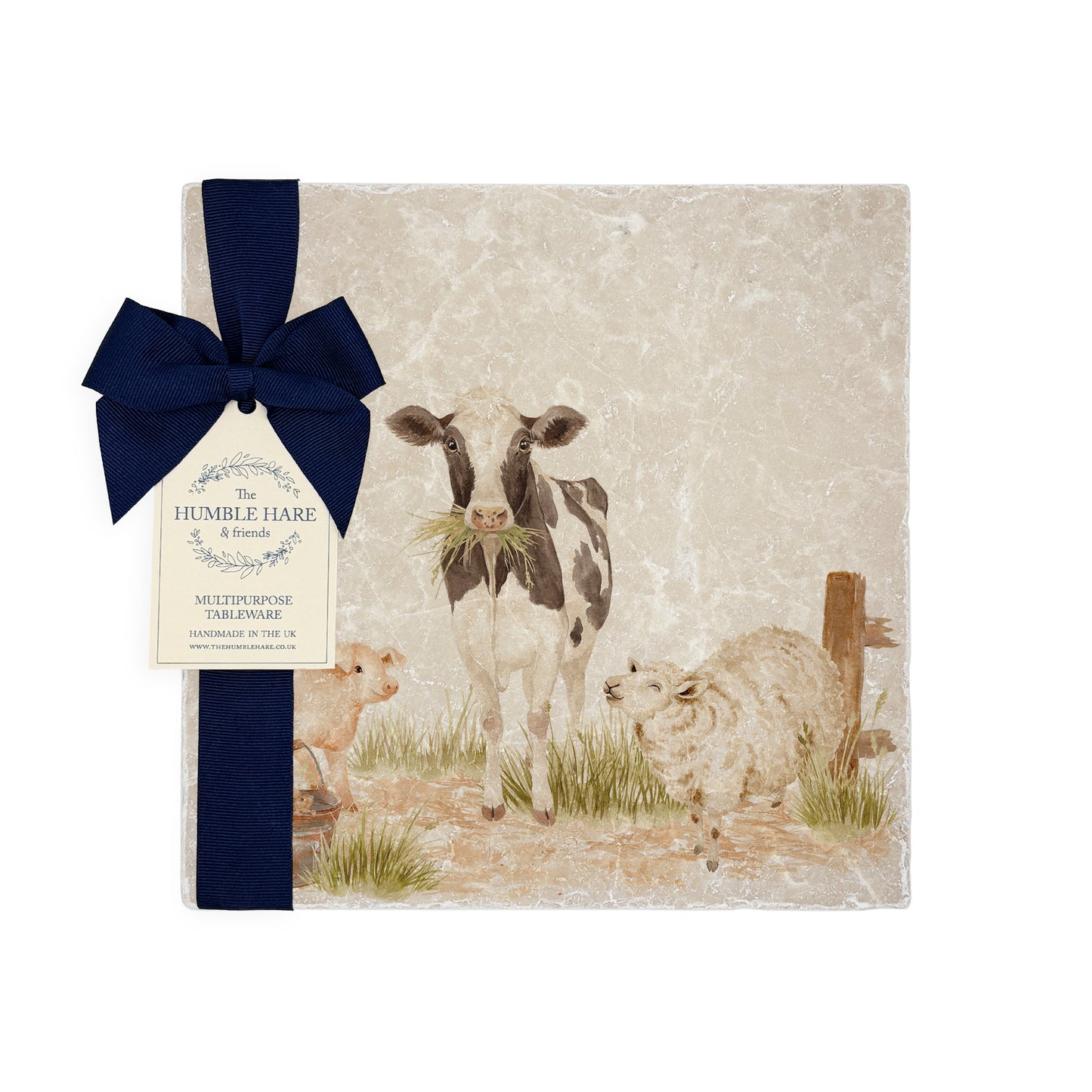 Marble Medium Platter featuring a dairy cow, sheep, piglet and mouse. In The Humble Hares classic watercolour design. 