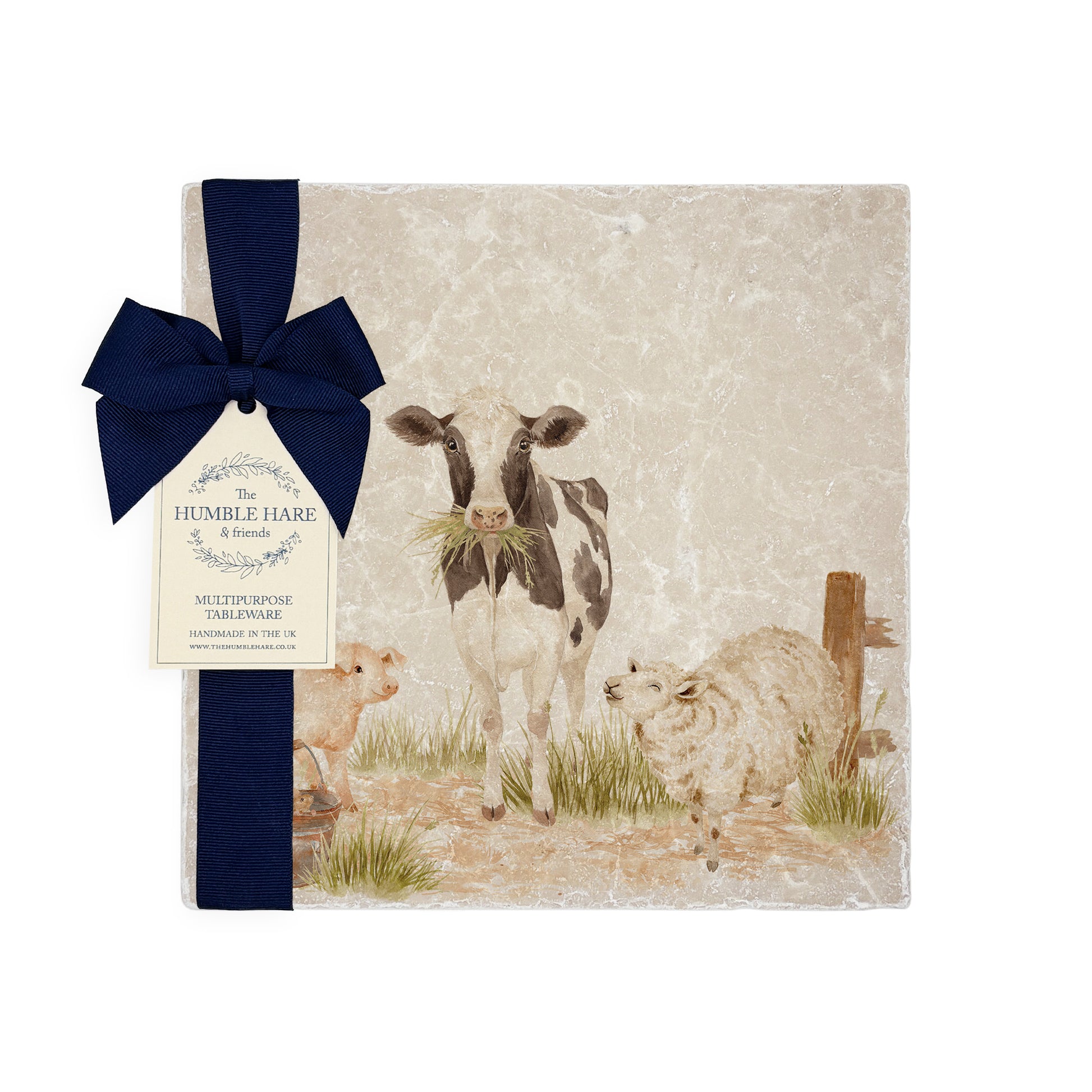 Marble Medium Platter featuring a dairy cow, sheep, piglet and mouse. In The Humble Hares classic watercolour design. 