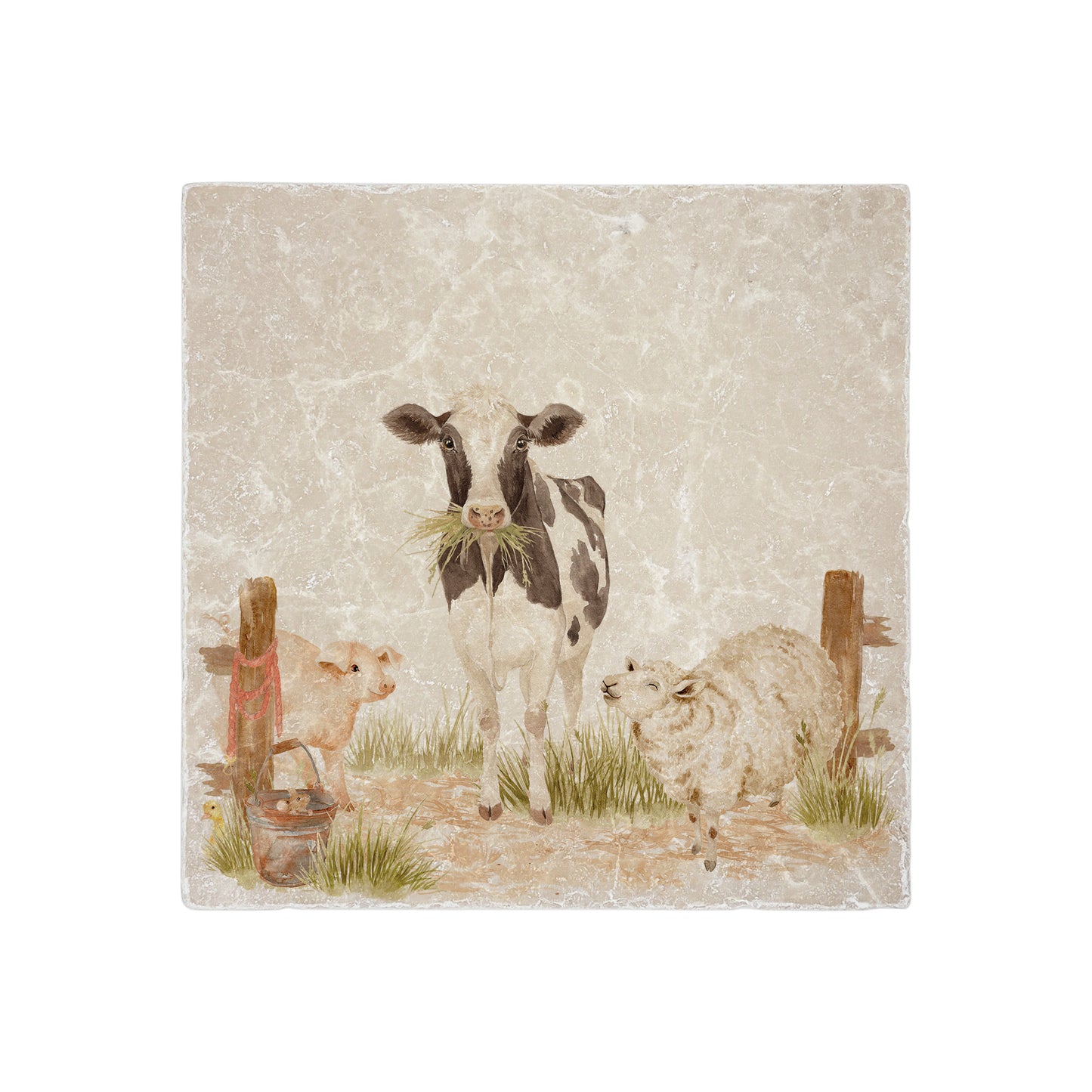 Marble Medium Platter featuring a dairy cow, sheep, piglet and mouse. In The Humble Hares classic watercolour design. 