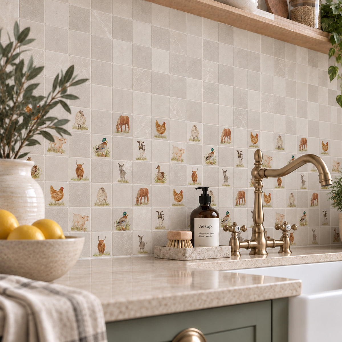 Mosaic kitchen splashback with a watercolour Farmyard mix illustration