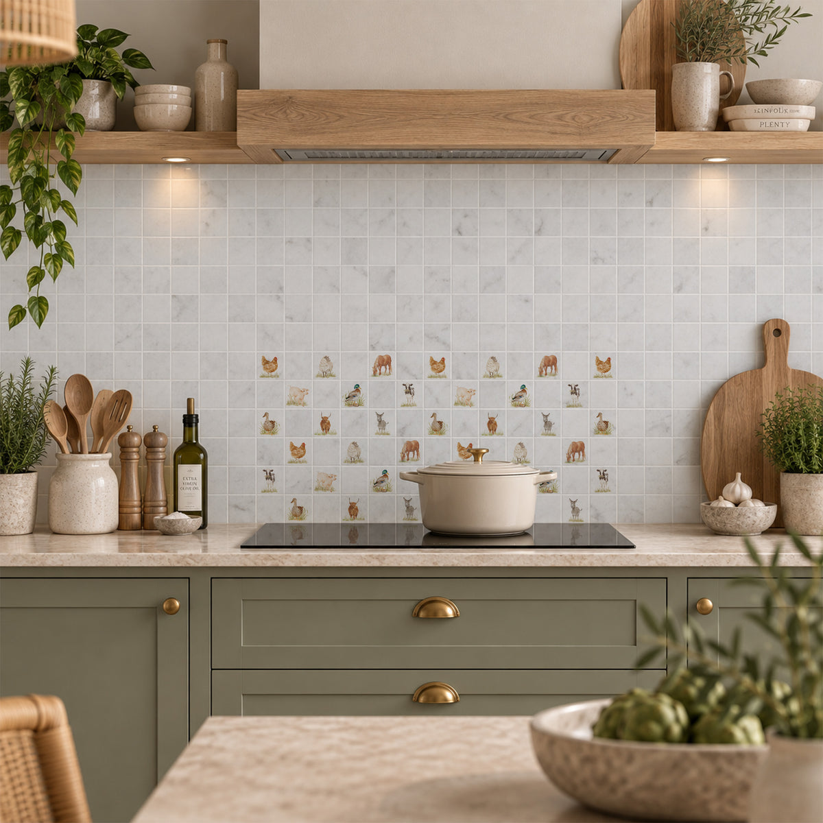 Mosaic kitchen splashback with a watercolour Farmyard mix illustration