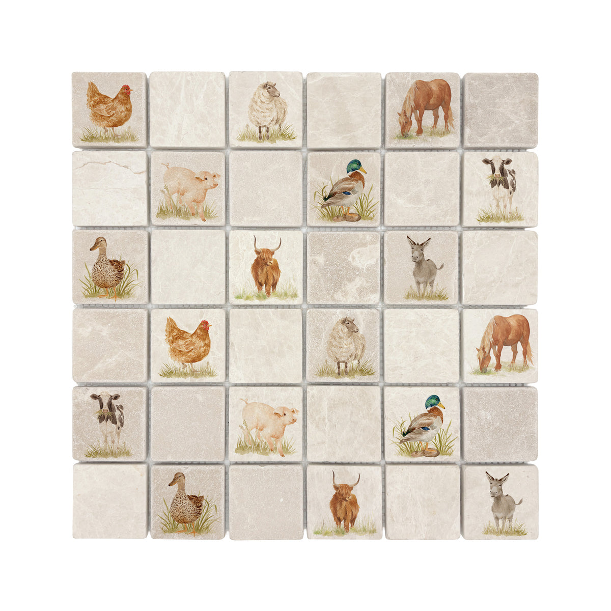 Mosaic kitchen splashback with a watercolour Farmyard mix illustration