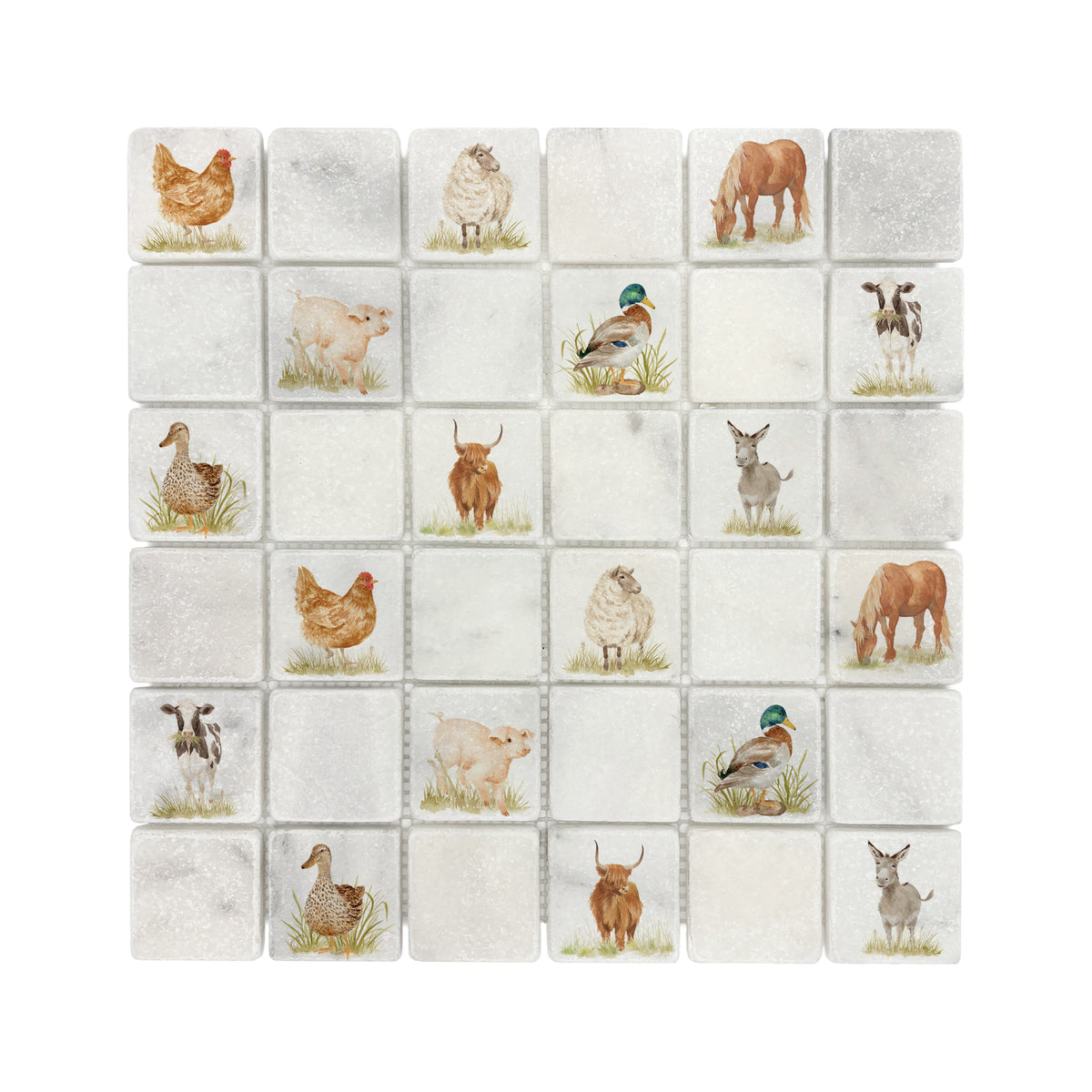 Mosaic kitchen splashback with a watercolour Farmyard mix illustration