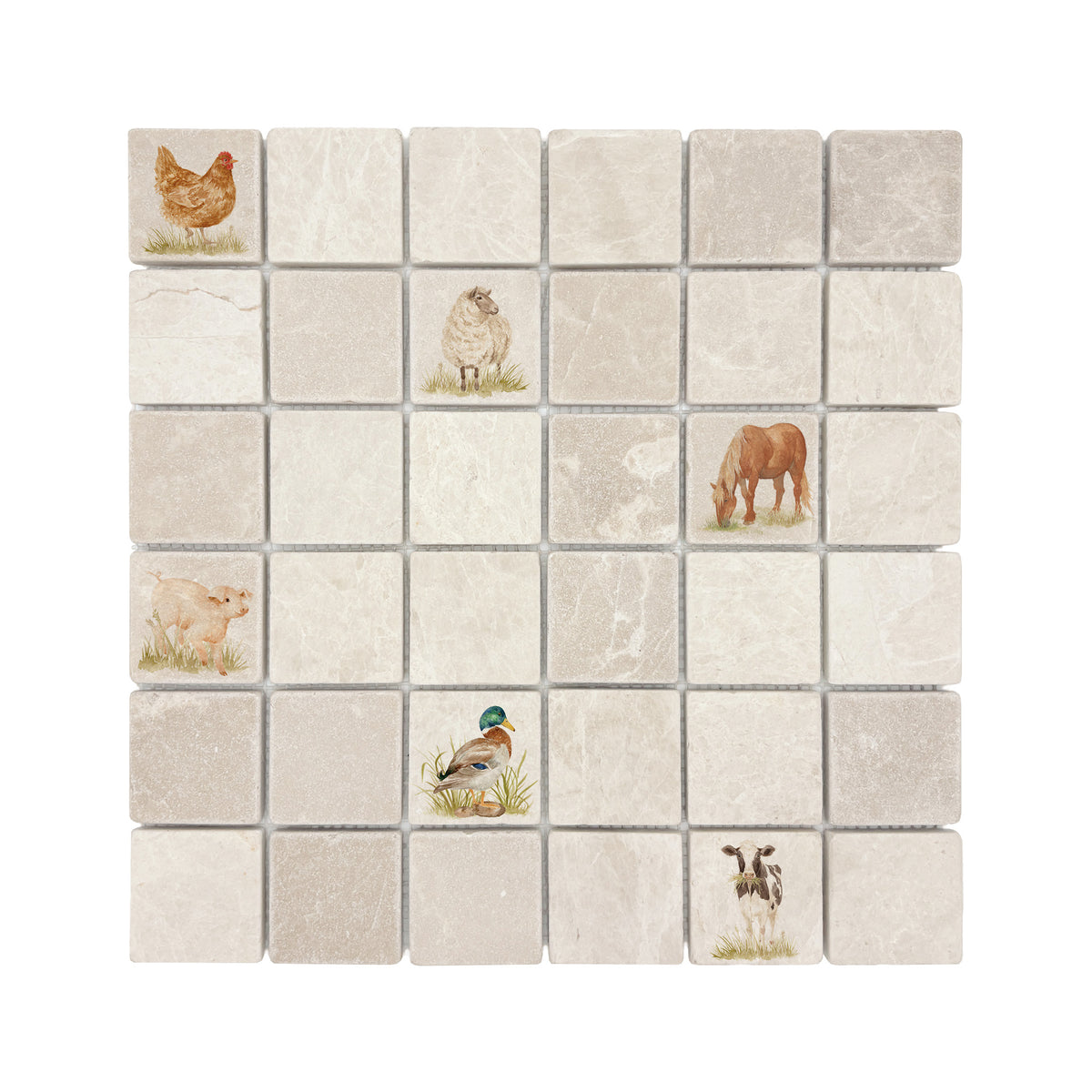 Mosaic kitchen splashback with a watercolour Farmyard mix illustration