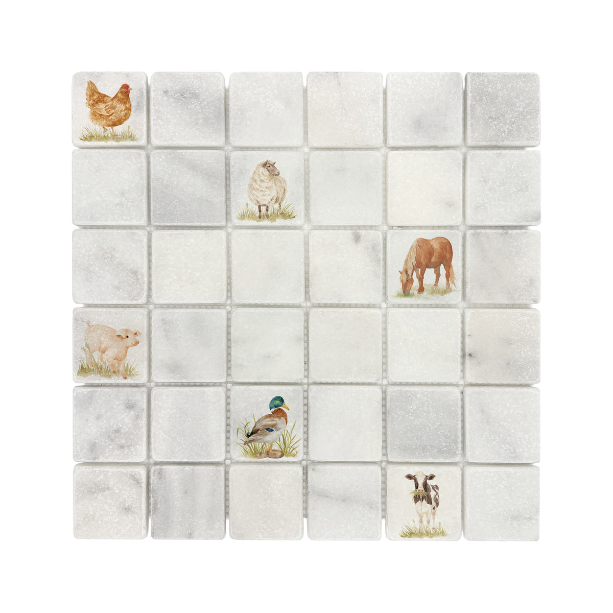 Mosaic kitchen splashback with a watercolour Farmyard mix illustration