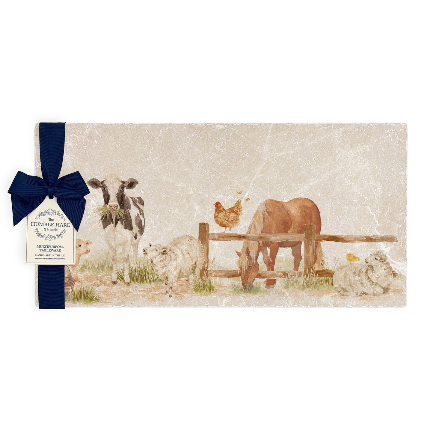 Marble Sharing Platter featuring a dairy cow, sheep, piglet, Chicken, Horse, Chick, Chicken and mouse. In The Humble Hares classic watercolour design. 
