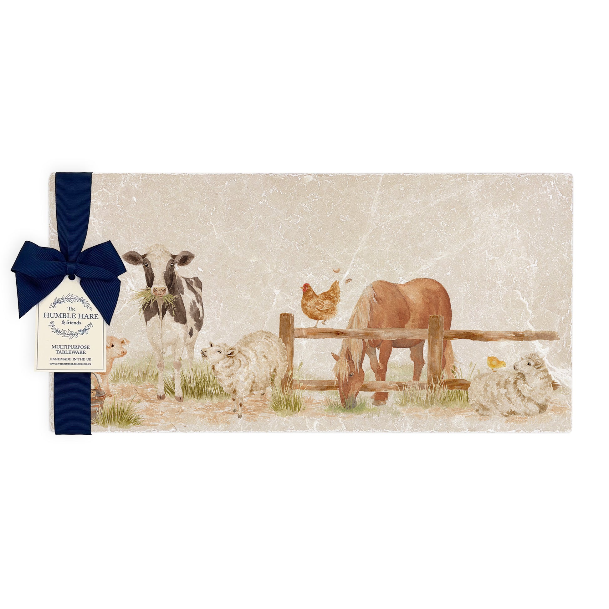 Marble Sharing Platter featuring a dairy cow, sheep, piglet, Chicken, Horse, Chick, Chicken and mouse. In The Humble Hares classic watercolour design. 