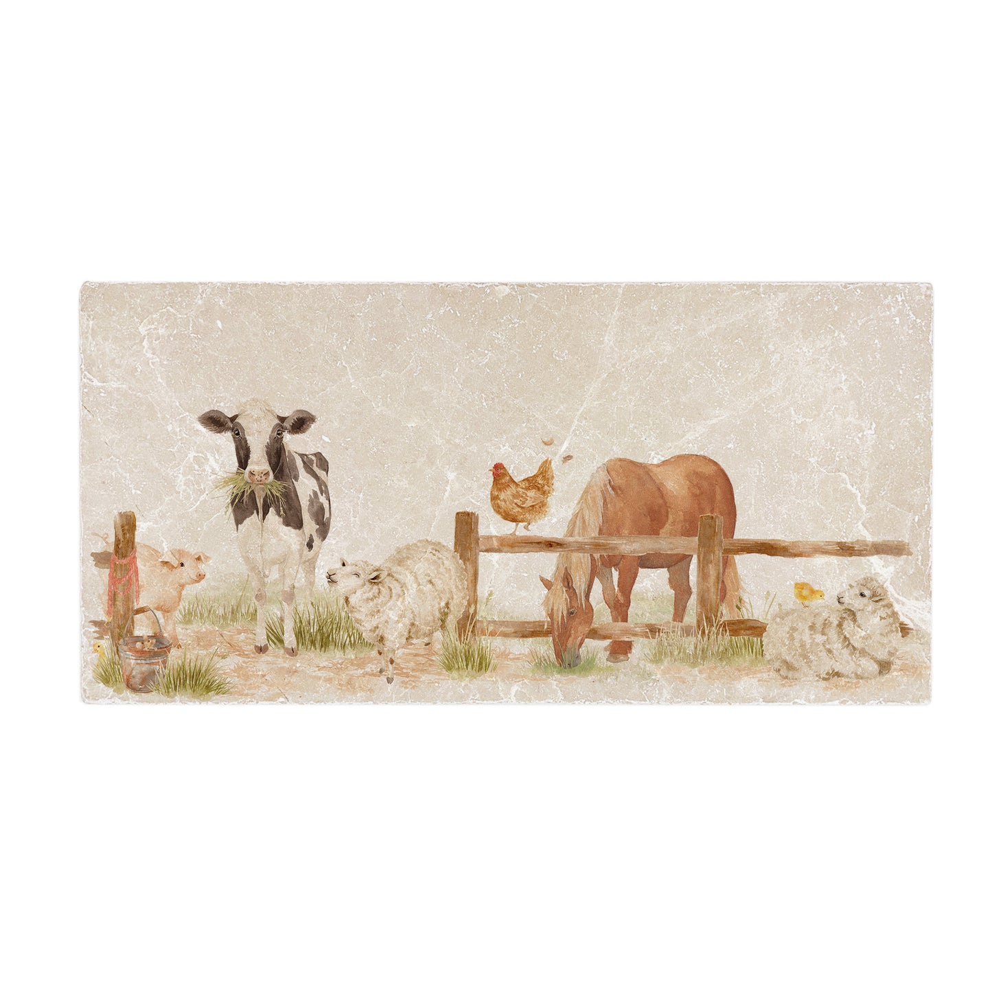 Marble Sharing Platter featuring a dairy cow, sheep, piglet, Chicken, Horse, Chick, Chicken and mouse. In The Humble Hares classic watercolour design. 