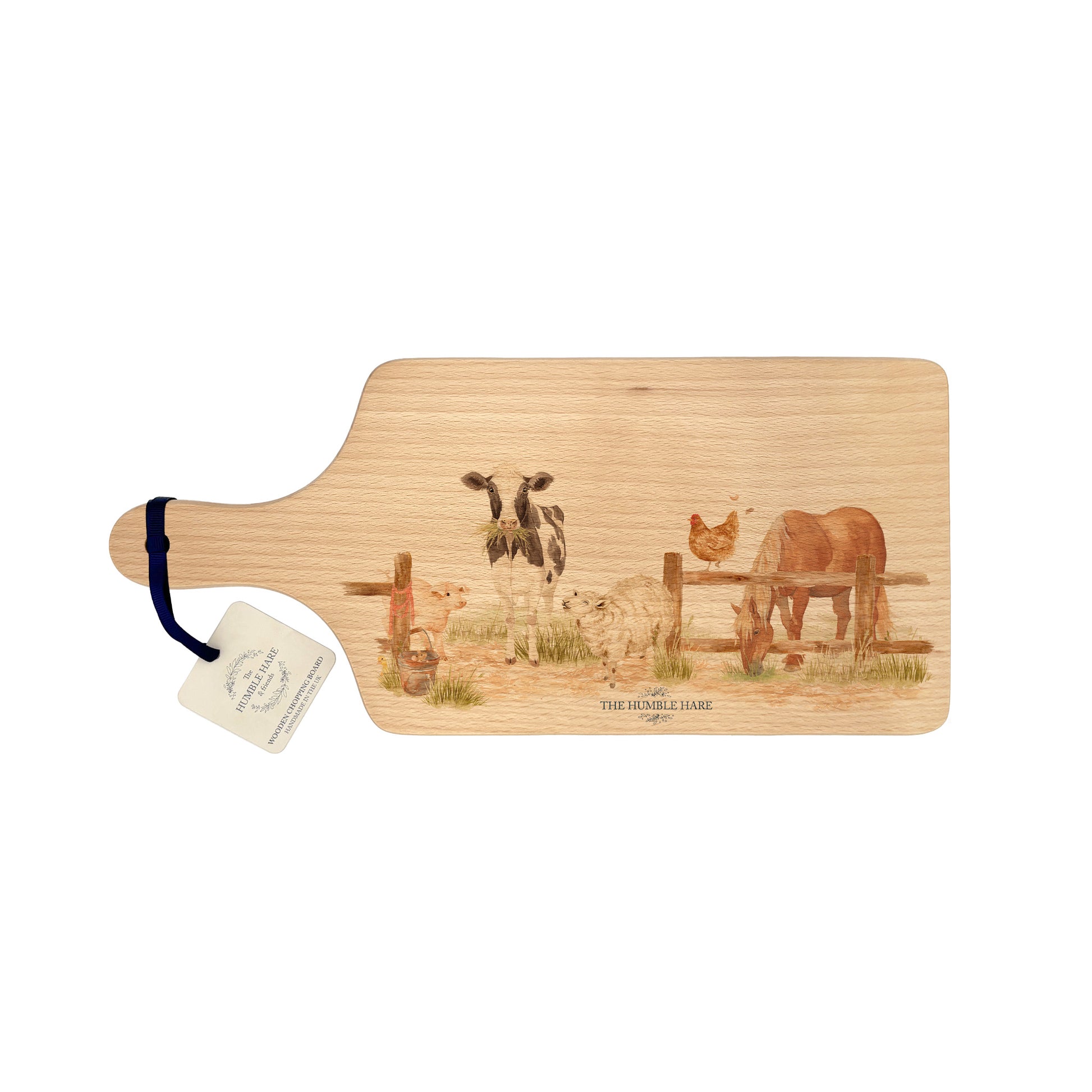 Farmyard animals in a watercolour design, on our flip styled chopping board 