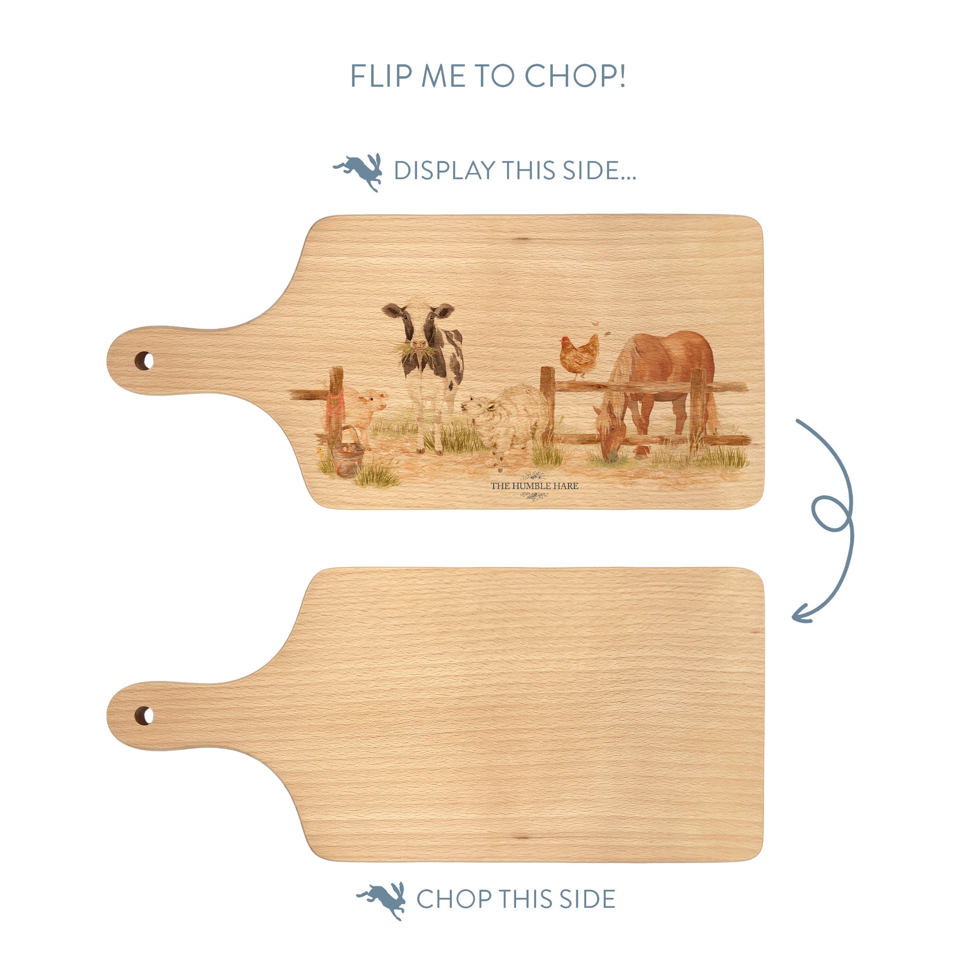 Farmyard animals in a watercolour design, on our flip styled chopping board 