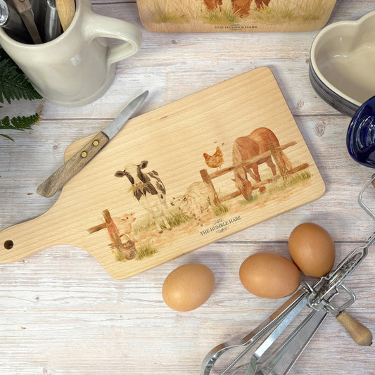 Farmyard animals in a watercolour design, on our flip styled chopping board 