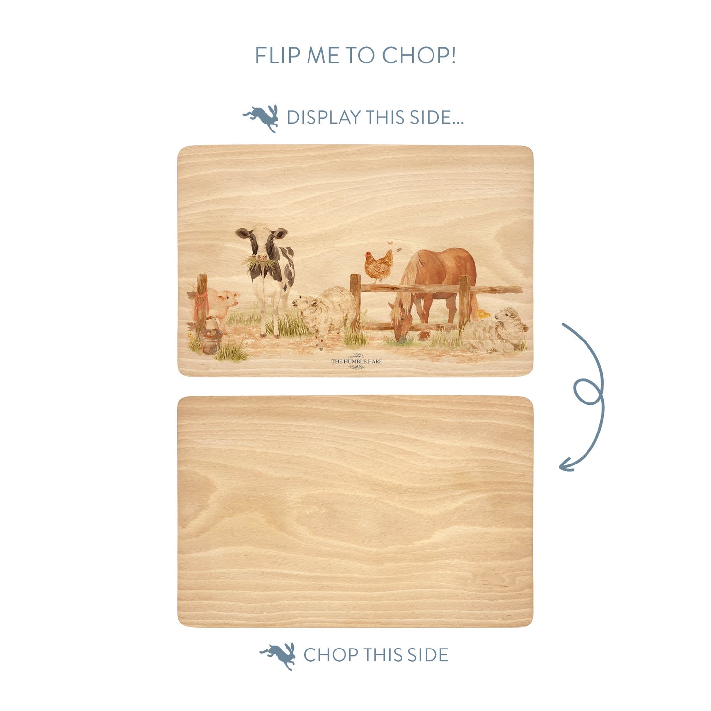 Watercolour chopping board with All of the animals from around the farm. 