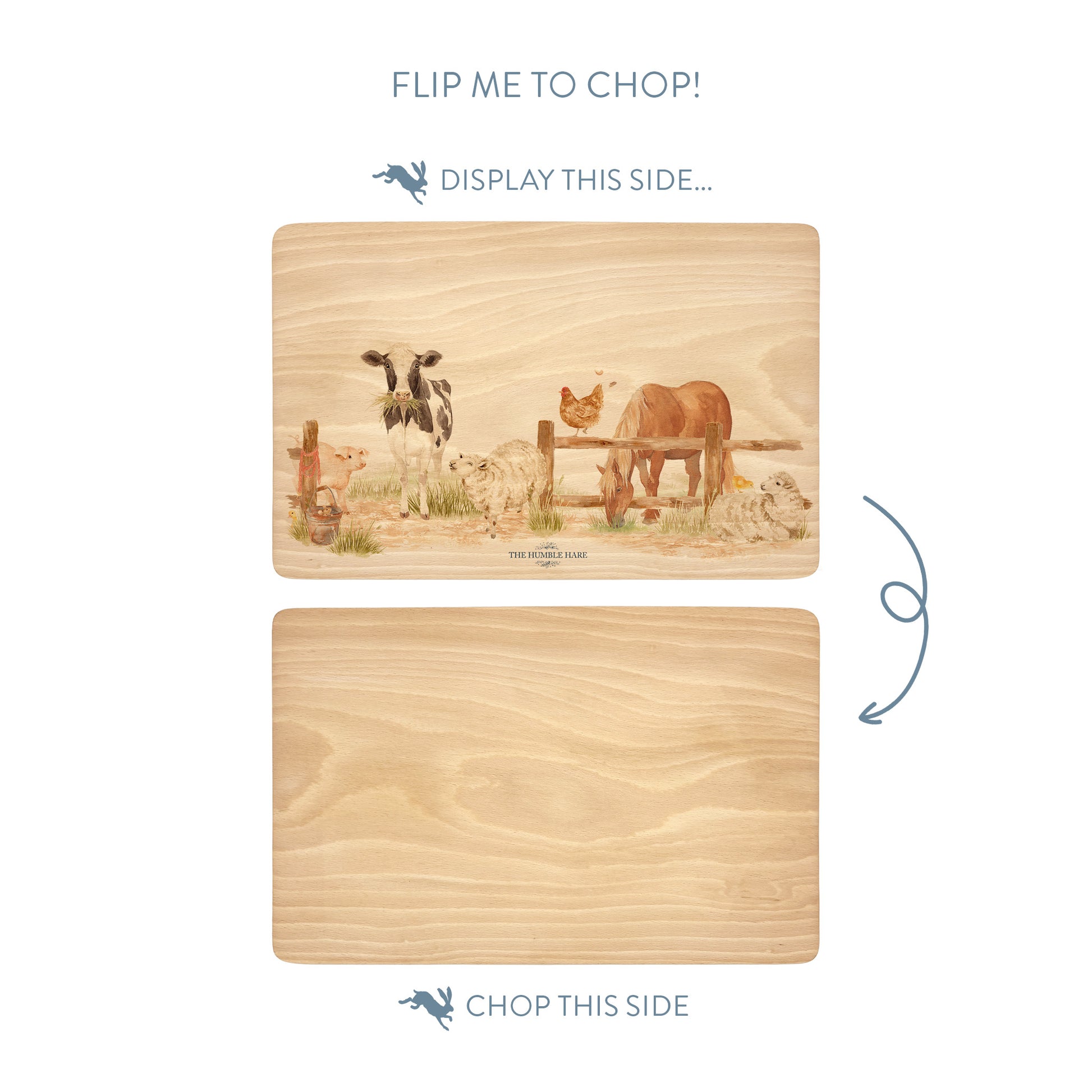 Watercolour chopping board with All of the animals from around the farm. 