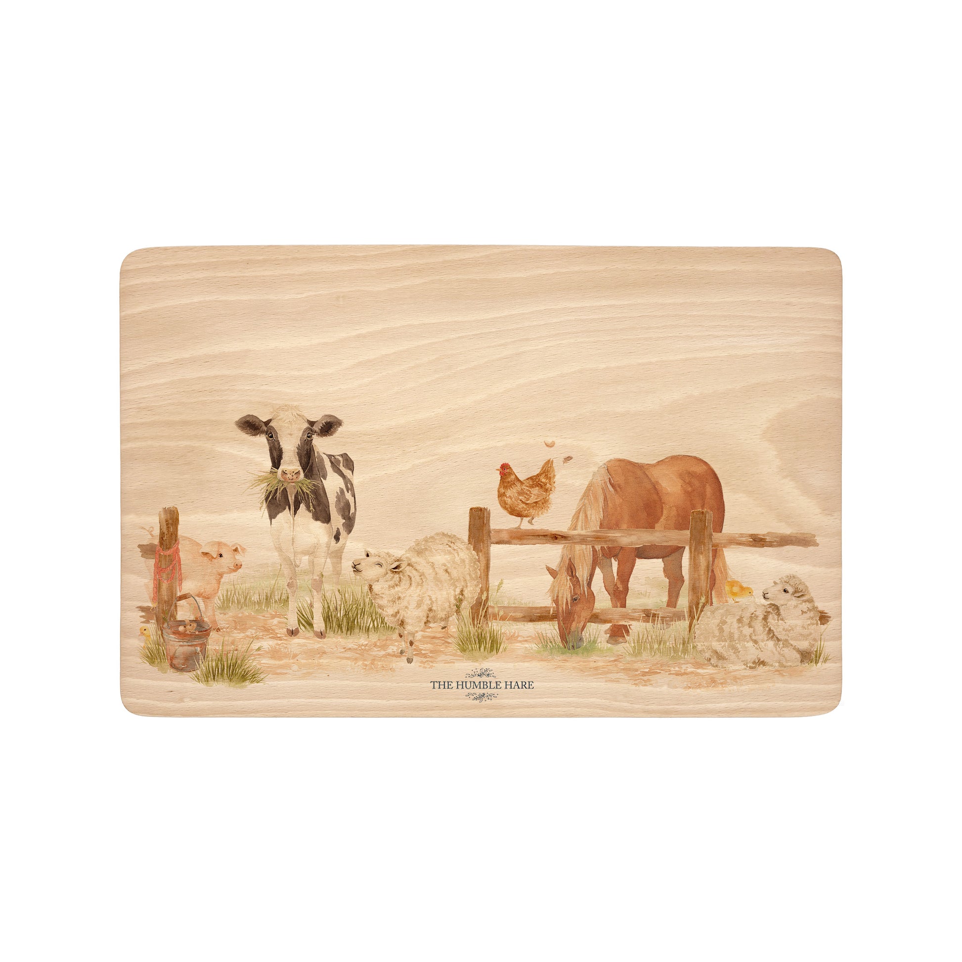 Watercolour chopping board with All of the animals from around the farm. 