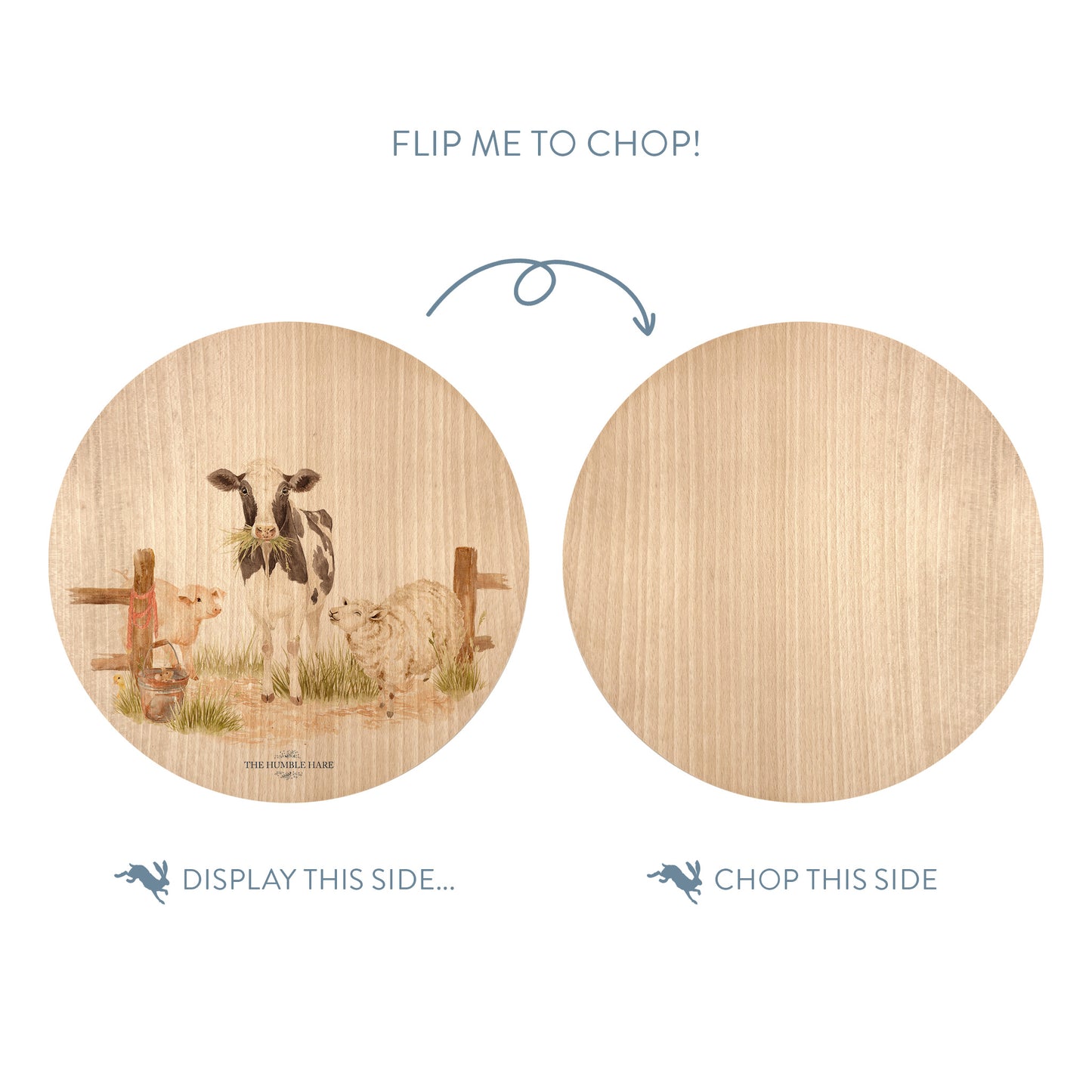 Wooden cutting board with our farmyard illustration on one side and plain wood on the other, with text indicating which side to display and which to chop.