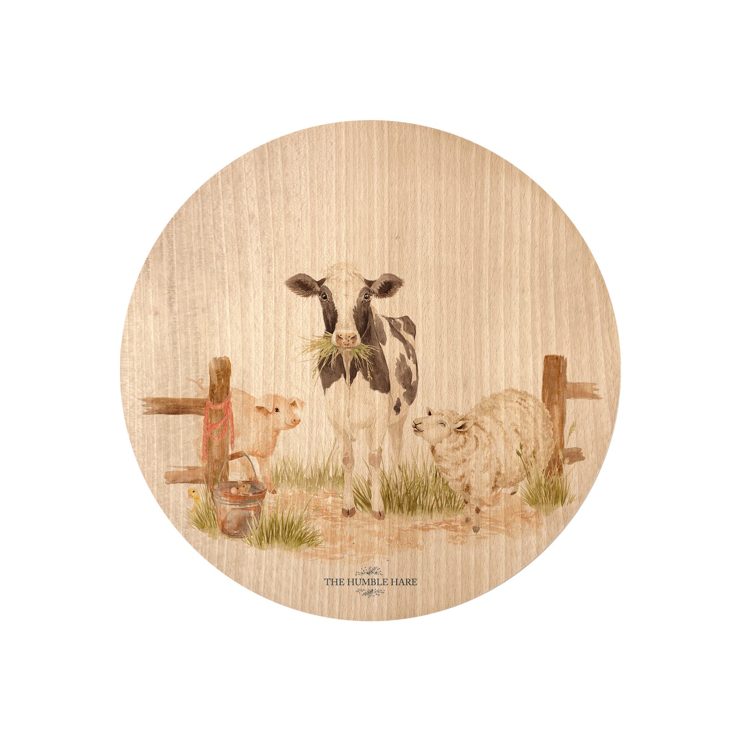 Round beech wood chopping board featuring a watercolour design full of farm animals, including the dairy cow, grazing horse, sheep, piglets, ducklings and chicken.