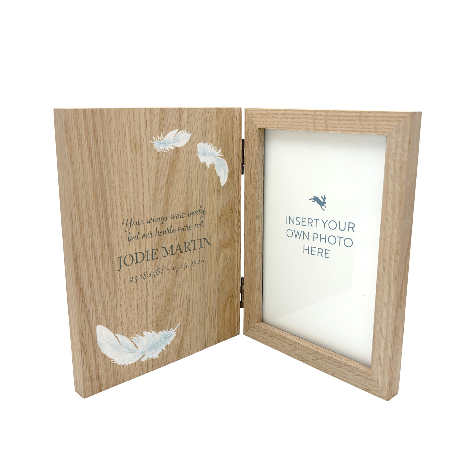 Memorial Solid Oak Photo Frame, personalise with your own message or select from our drop down selection. handmade watercolour paintings, this design features Feathers.