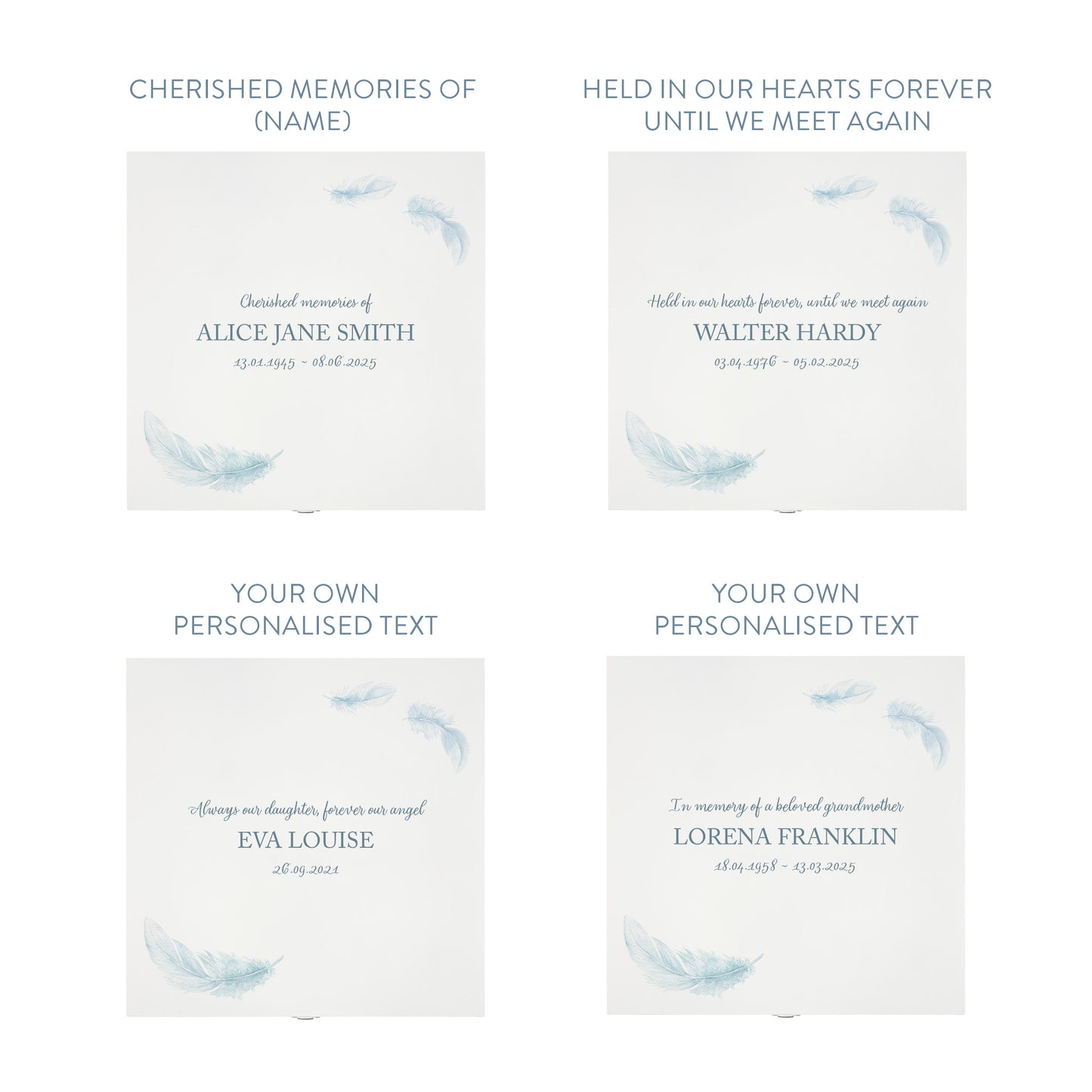 White Square personalised Wooden box with a decorative lid featuring illustrations of floating Feathers, Perfect funeral memory keepsake box, for storing ashes, order of service, flowers and capturing your loved ones things in one place. 