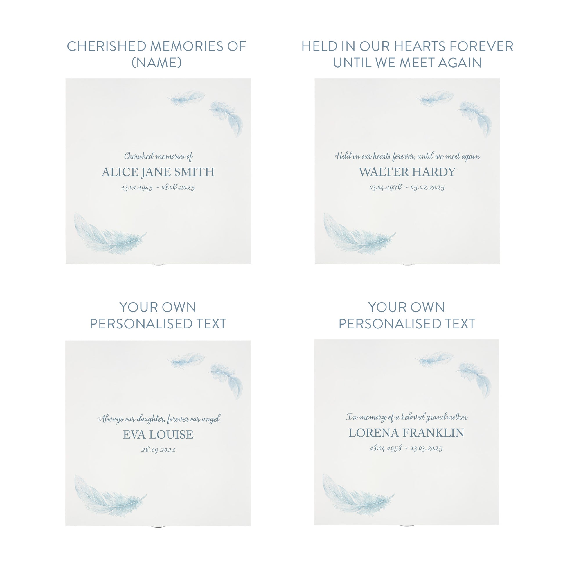 White Square personalised Wooden box with a decorative lid featuring illustrations of floating Feathers, Perfect funeral memory keepsake box, for storing ashes, order of service, flowers and capturing your loved ones things in one place. 