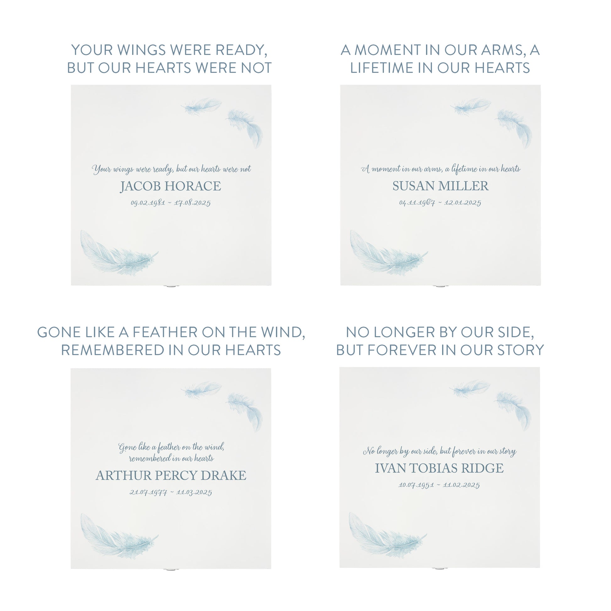 White Square personalised Wooden box with a decorative lid featuring illustrations of floating Feathers, Perfect funeral memory keepsake box, for storing ashes, order of service, flowers and capturing your loved ones things in one place. 