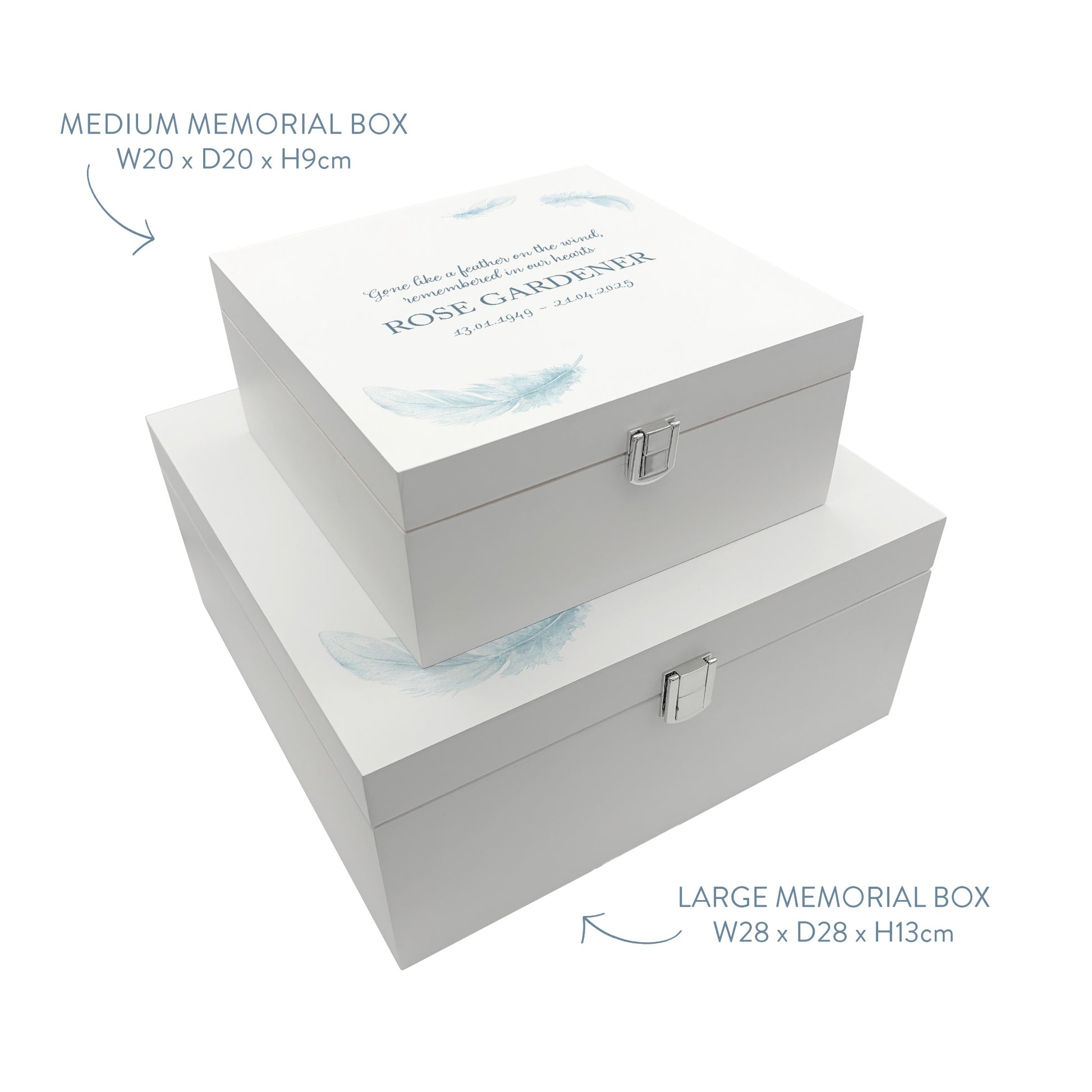 White Square personalised Wooden box with a decorative lid featuring illustrations of floating Feathers, Perfect funeral memory keepsake box, for storing ashes, order of service, flowers and capturing your loved ones things in one place. 