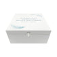 White Square personalised Wooden box with a decorative lid featuring illustrations of floating Feathers, Perfect funeral memory keepsake box, for storing ashes, order of service, flowers and capturing your loved ones things in one place. 